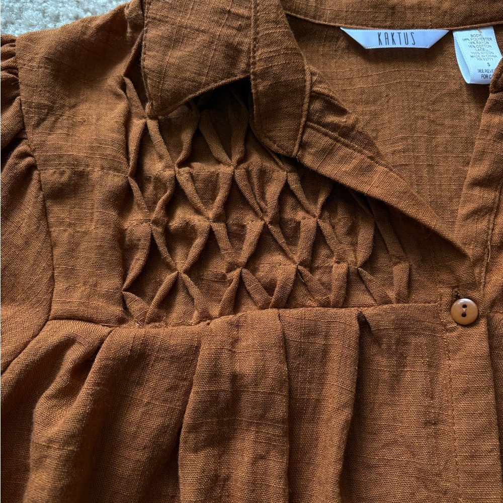 Kaktus Terracotta Blouse Smocked Yoke Ruffled Cuff Lace Trim Boho Peasant Chic - Picture 2 of 9